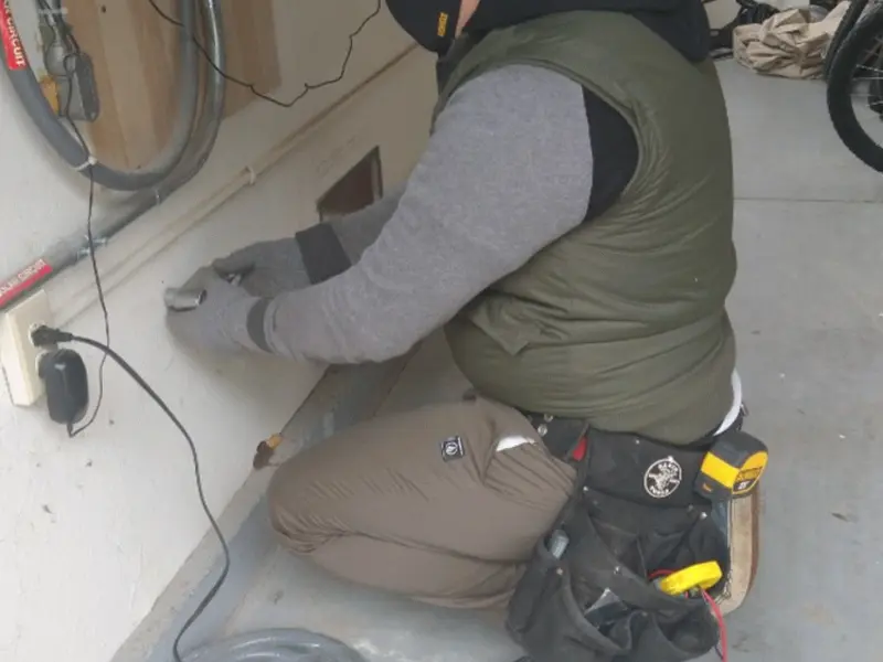 Electrician performing outlet wiring in a Sandpoint garage